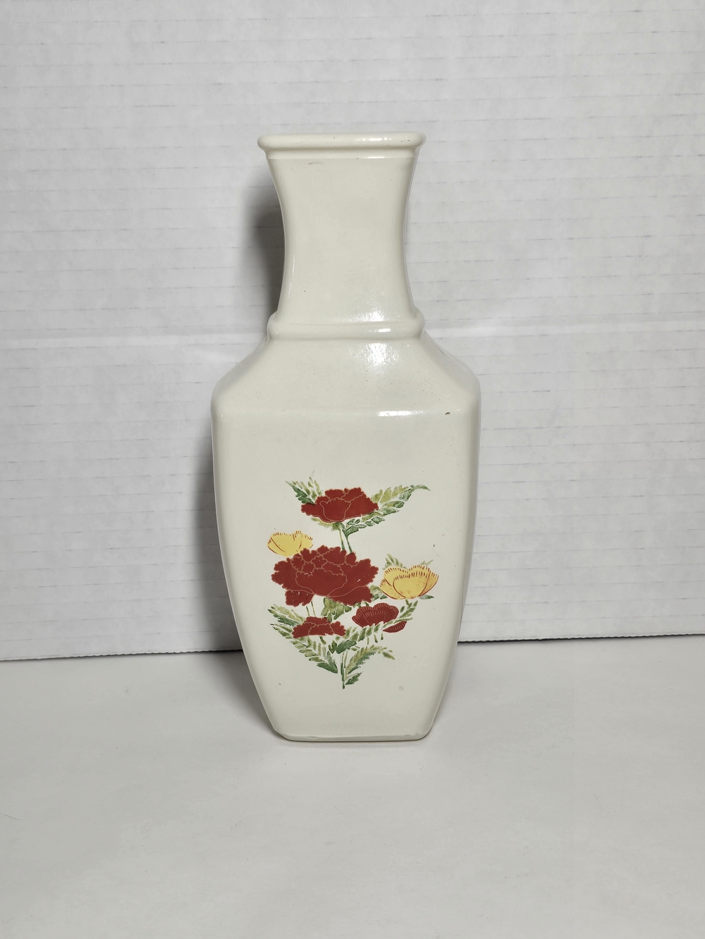 Avon White Ceramic Vase with Red and Yellow Floral Print